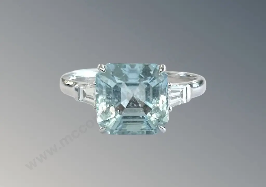 18ct White Gold Aquamarine with Trapezoid Diamonds, Aquamarine 3.85ct, Size P, TW4.053gms, Valuation $7700 Image 1++