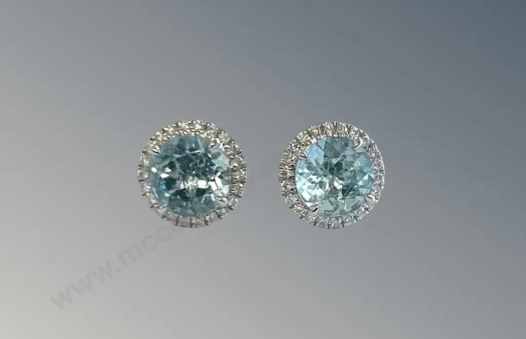 Pair of 18ct Gold Aquamarine and Diamond Stud Earrings, Aquamarine 2.41ct, TW2.87gms, Valuation $5000 Image 1++