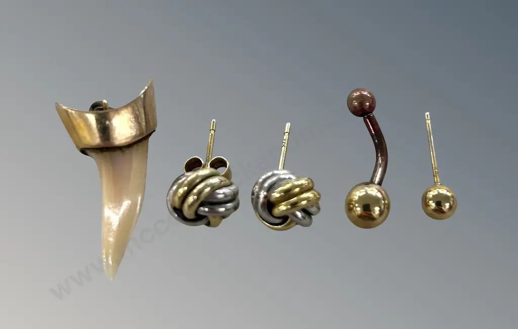 9ct Gold and Silver Knot Earrings, 9ct Gold Mounted Tooth Pendant, and Piercing, TW6.4gms Image 1++