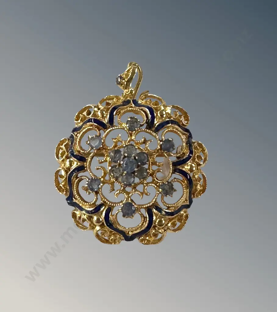 18ct Gold Sapphire Pendant/ Brooch, Dia3cm, TW9.8gms Image 1++