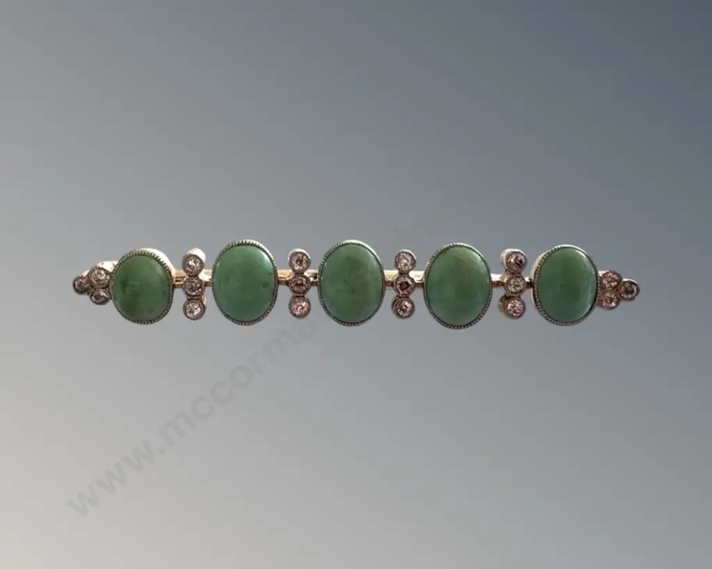 18ct and Platinum Turquoise and Diamond Bar Brooch with 9ct pin, L6cm, TW9gms Image 1++