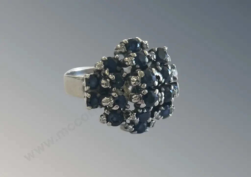 18ct White Gold Sapphire & Diamond Cluster Ring, Size U, TW9.5gms Image 1++