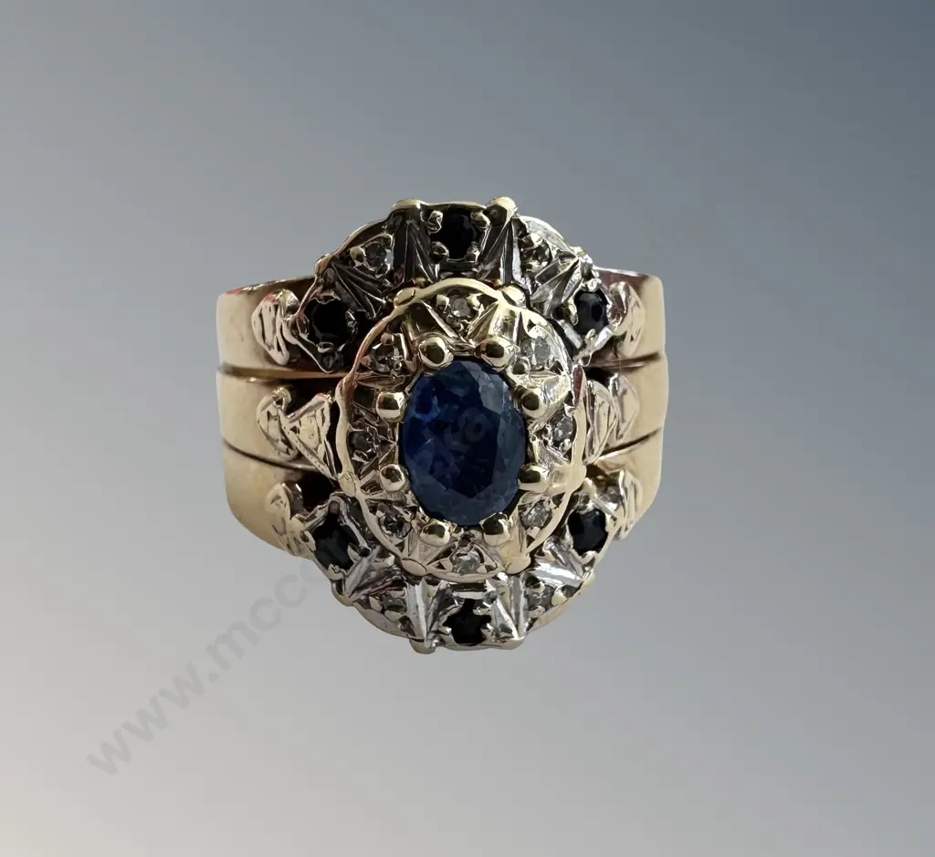 9ct Gold Sapphire and Diamond 3 Ring Cluster Set, Size N, TW6.02gms, Valuation $2900 Image 1++