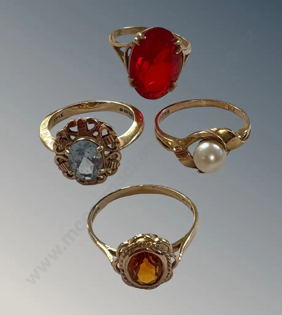 9ct Gold Coloured Stone and Pearl Dress Rings (4), Size J,L,M,N,TW11.5gms Image 1++