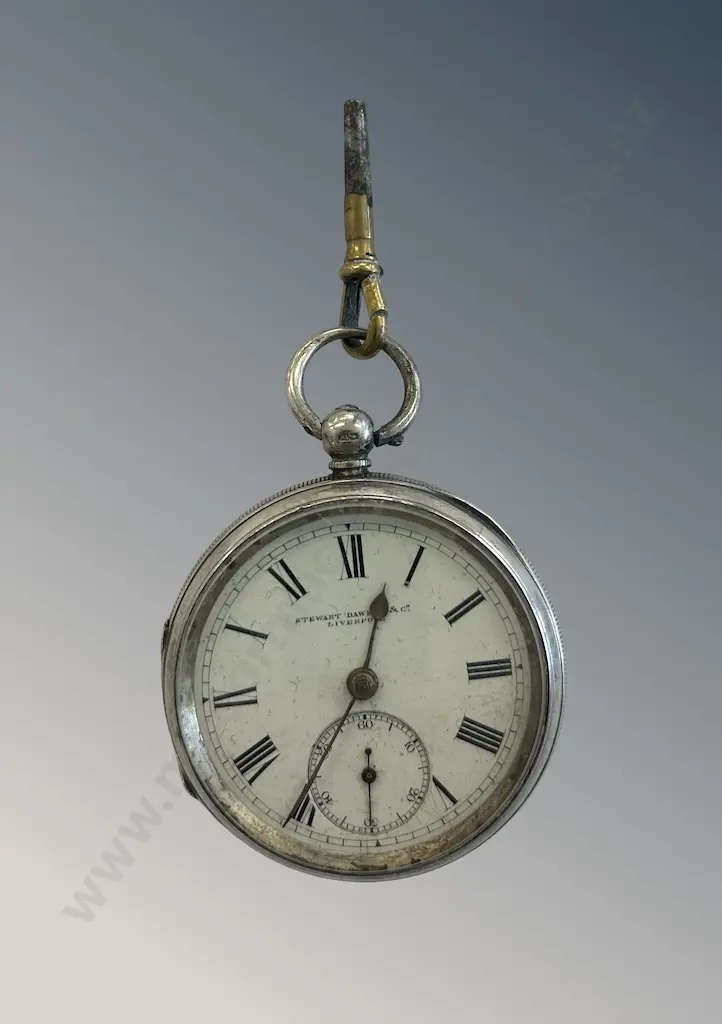 Sterling Silver Pocket Watch with Key, Stewart Dawson & Co, Liverpool, TW116.9gms Image 1++