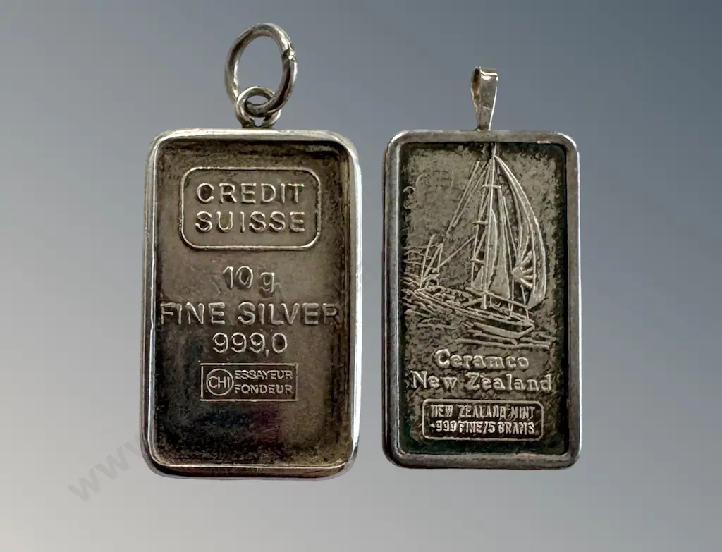 Two 999.9 Silver Ingot Pendants, TW17gms Image 1++