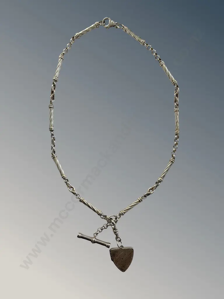 Sterling Silver Necklace with T-Bar and Sheild Shaped Locket, L54cm, TW32.6gms Image 1++