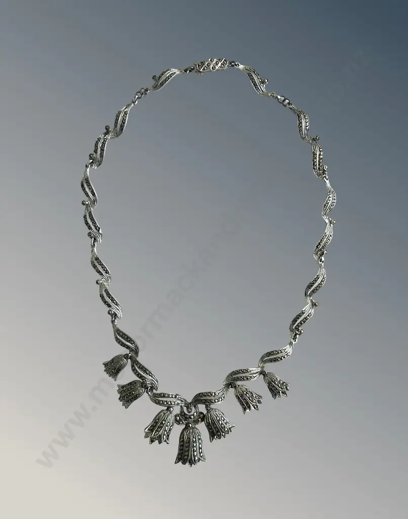 Cased Sterling Silver Marcasite Necklace with Tulip Design, L40cm, TW40gms Image 1++