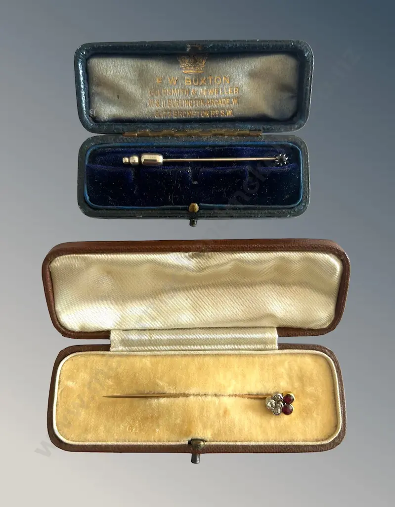 Leather Cased Ruby and Diamond Hat Pin with 18ct Gold Mount and 9ct Gold Pin, TW2.3gms and Silver and Sapphire Hat Pin Image 1++