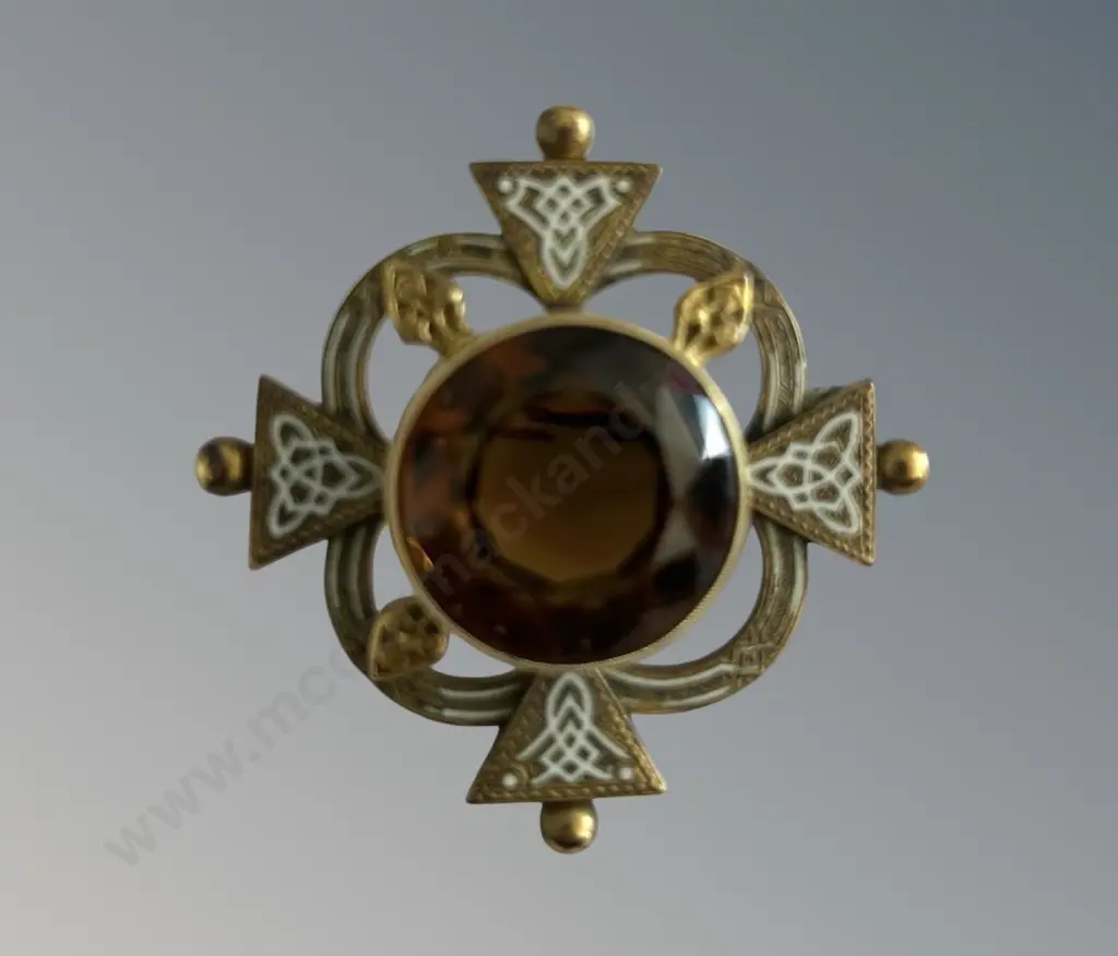 Scottish Celtic Style Brooch with Amber Glass Central Stone Image 1++