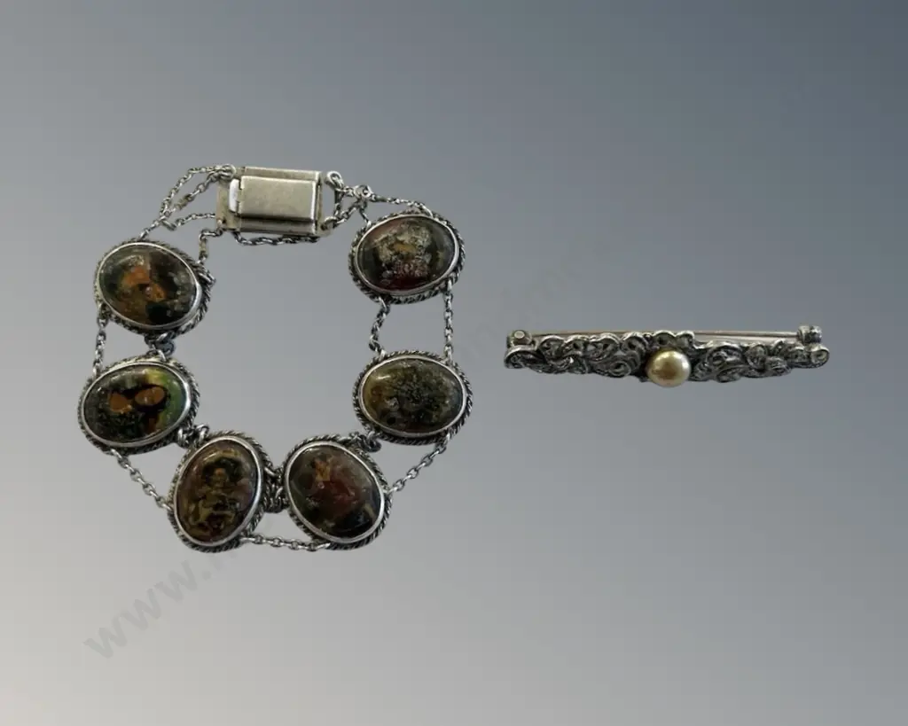 Sterling Silver Marcasite Bar Brooch and Enamel Bracelet (AF), TW19.6gms Image 1++