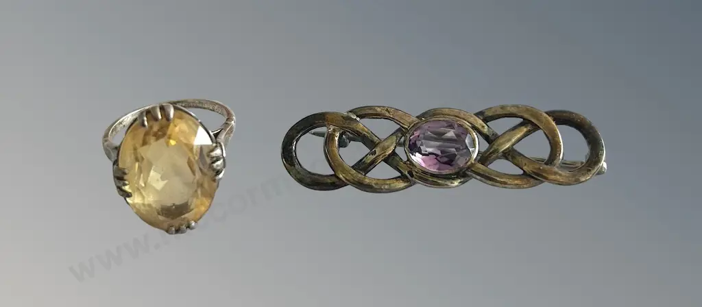 Sterling Silver Citrine Ring and Amethyst Bar Brooch Image 1++