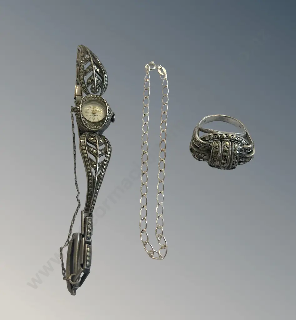 Sterling Silver and Marcasite Ladies Watch, .800 Silver Marcasite Ring & Sterling Silver Chain Bracelet, L18cm, TW32.1gm Image 1++