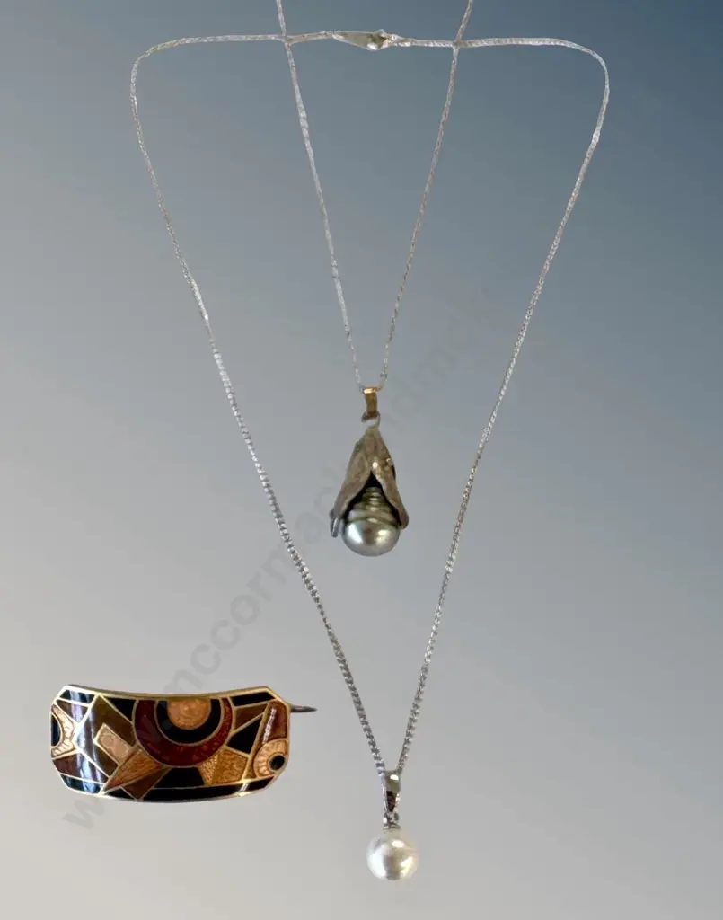Silver Pearl Pendants on Chains and Enameled Art Deco Style Brooch Image 1++