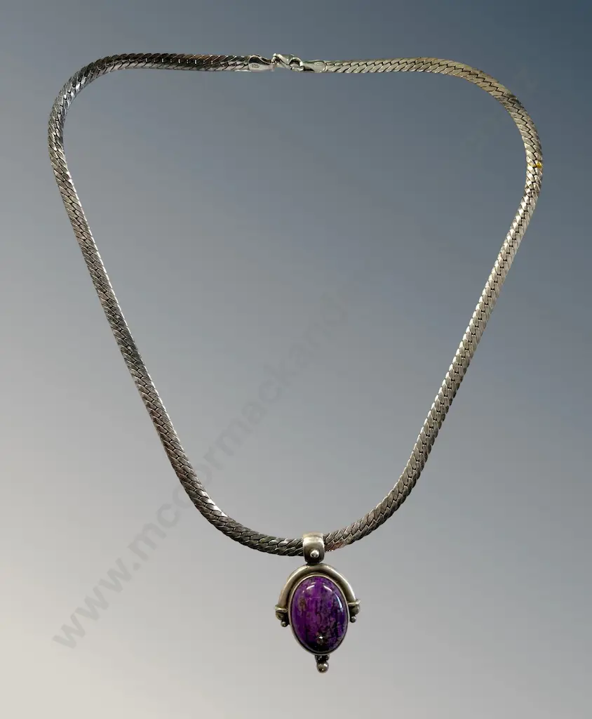 Sterling Silver Flat Link Chain with Purple Stone Pendant, chain length 46cm, TW35.7gms Image 1++