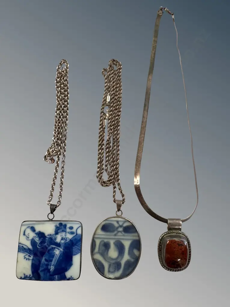 Sterling Silver Chains with Pendants - Two Chinese Porcelain and one Brown Stone, L42cm,66cm,36cm, TW76.6gms Image 1++
