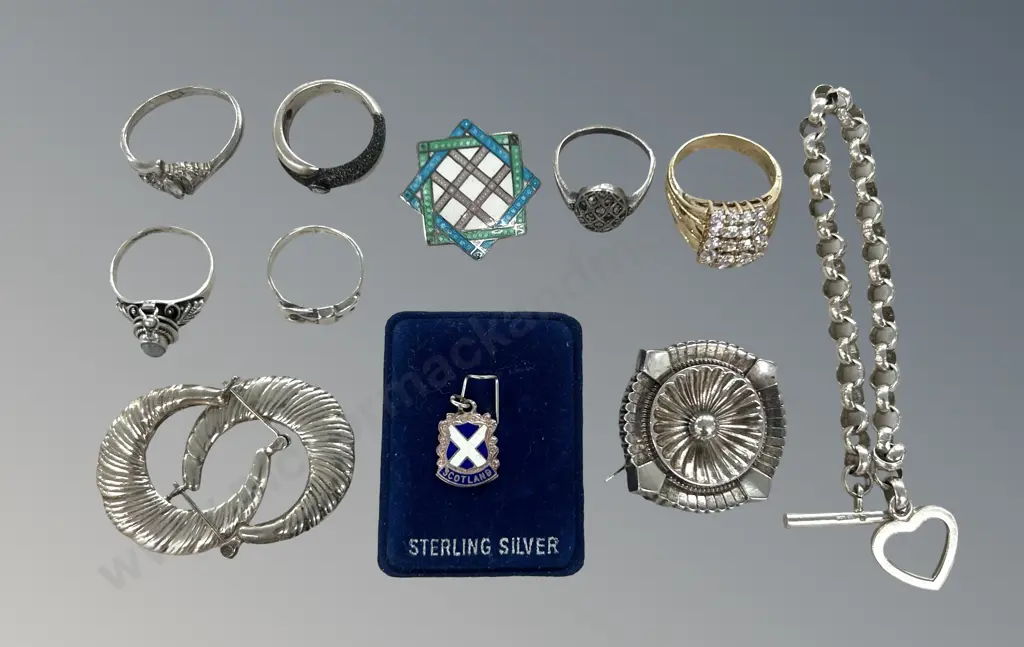 Sterling Silver Rings, Bracelet, Earrings and Brooches TW62.1gms Image 1++