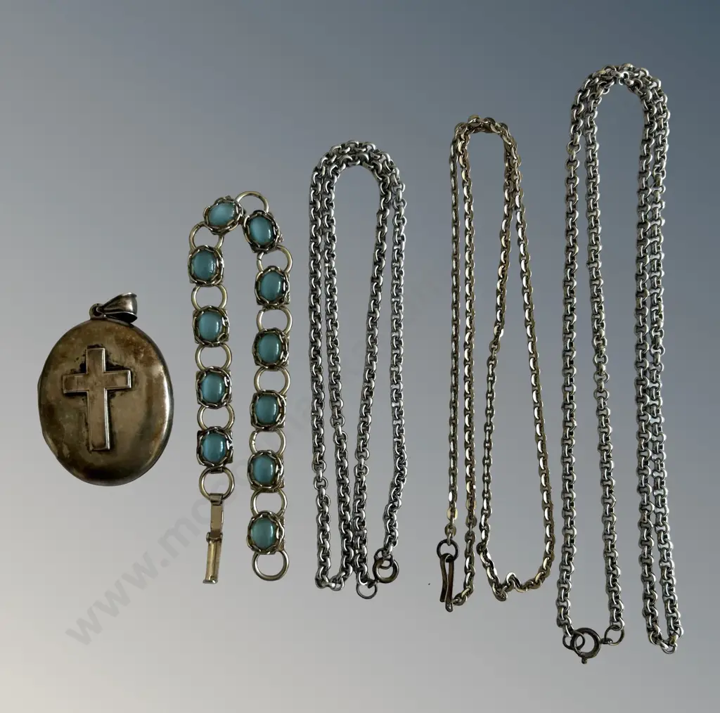 Three Silver Chains, Silver and Blue Stone Bracelet and Silver Mourning Locket Image 1++