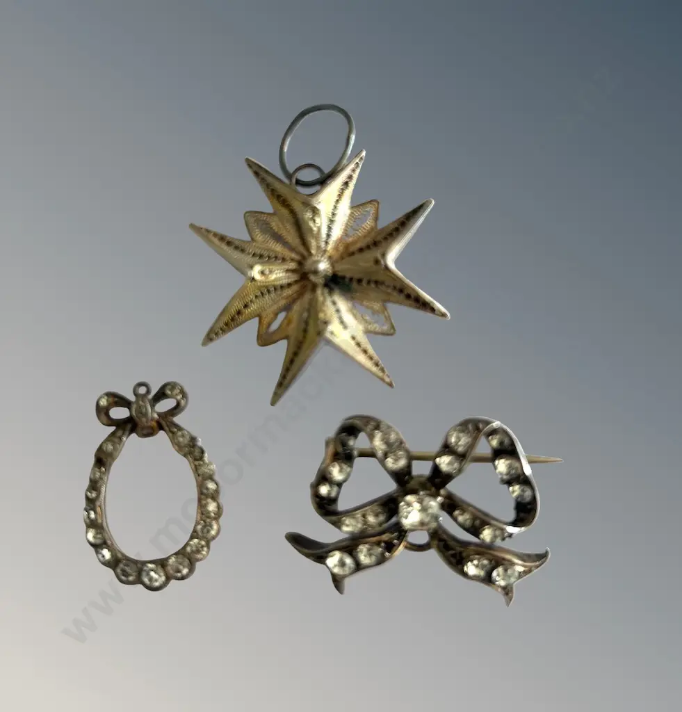 Two Diamante Bow Brooches and One Silver Filigree Pendant Image 1++