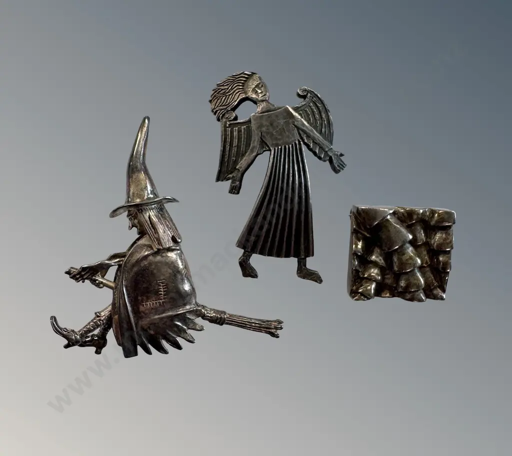 Sterling Silver Brooches - Witch, Angel and Sculptural Panel, TW48.2gms Image 1++