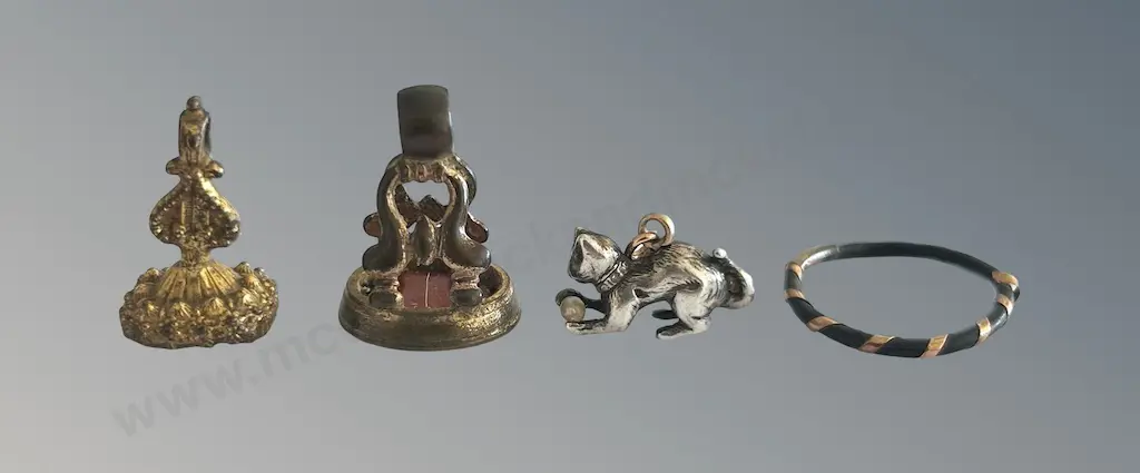 Two Gold Plated Seals, Gold Banded Metal Ring and Cat Charm Image 1++