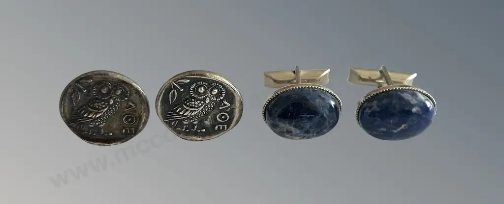 Pair of Silver Owl and Blue Stone Cufflinks Image 1++