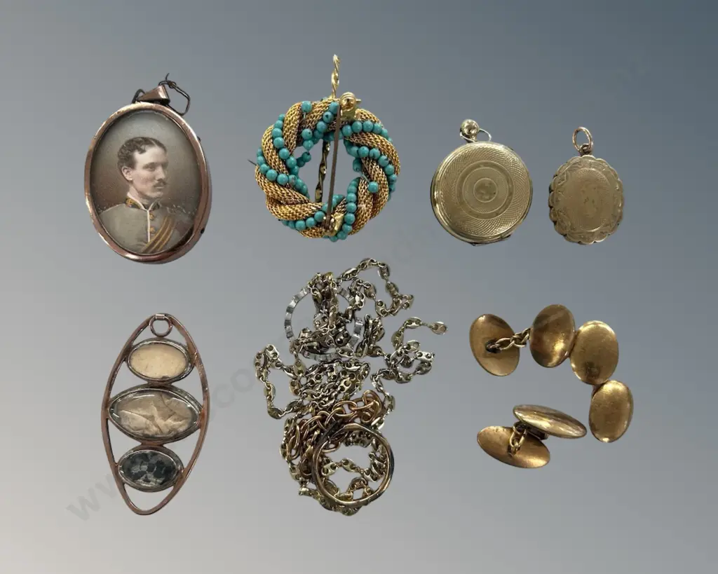 Assorted Gold Cufflinks, Miniatures, Locket Chains and Brooch Image 1++