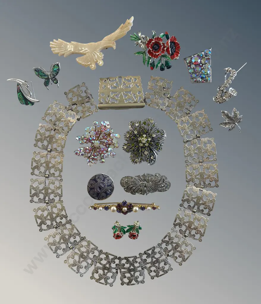 Silver Belt and Buckle, Collection of Costume Brooches and Earrings Image 1++