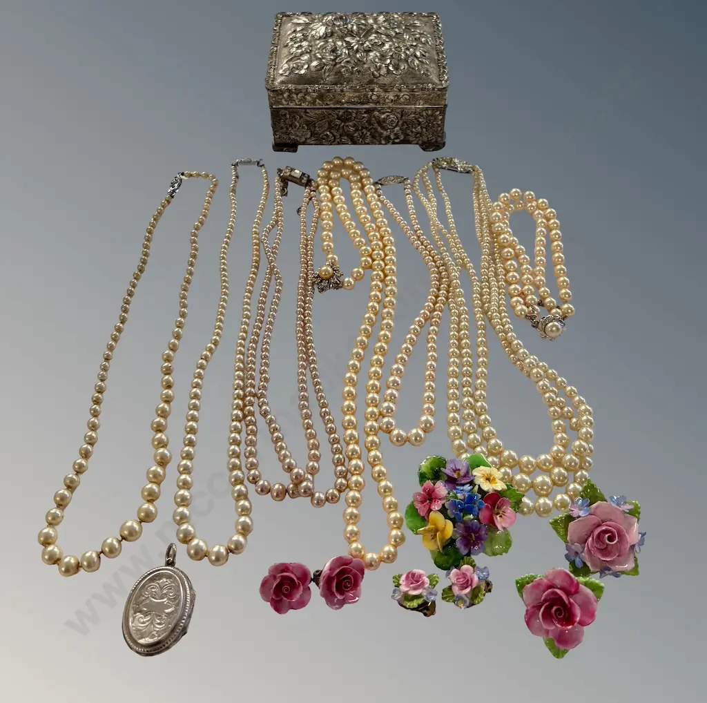 Assorted Faux Pearl Necklaces, Pearl Bracelet, Porcelain Floral Earrings, Silver Locket & Embossed Silver Jewellery Box Image 1++