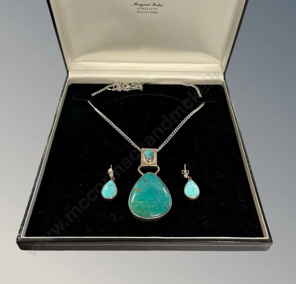 Sterling Silver and Turquoise Pendant and Earring Set - Margaret Forbes Image 1++