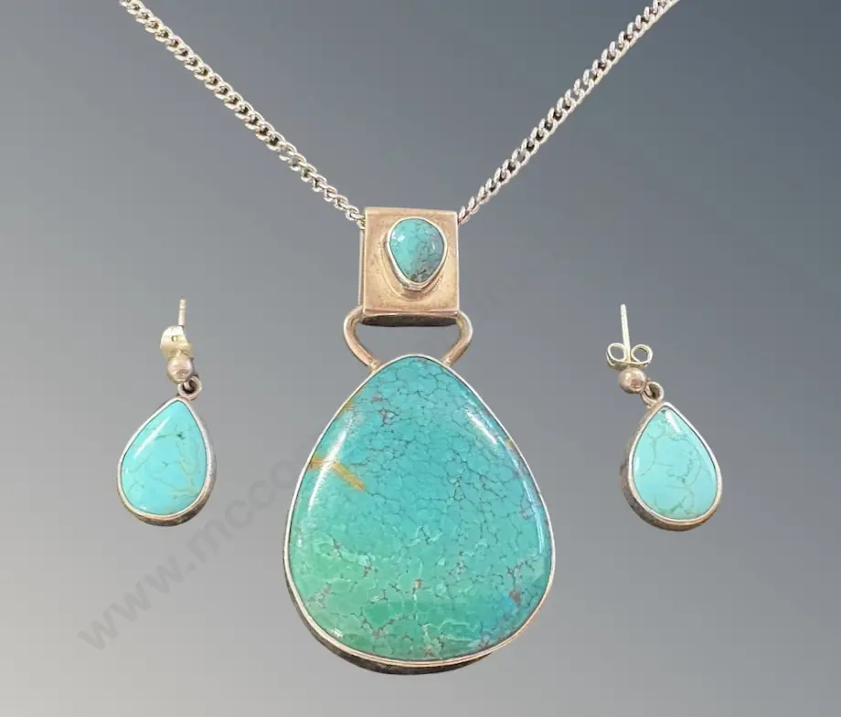 Sterling Silver and Turquoise Pendant and Earring Set - Margaret Forbes Image 1++