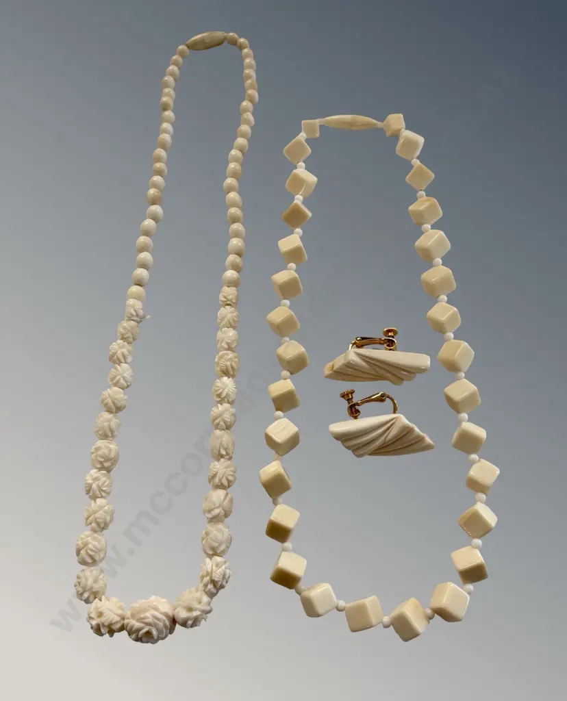 Two Ivory Necklaces and Pair of Earrings (one AF) L46cm, L41cm Image 1++
