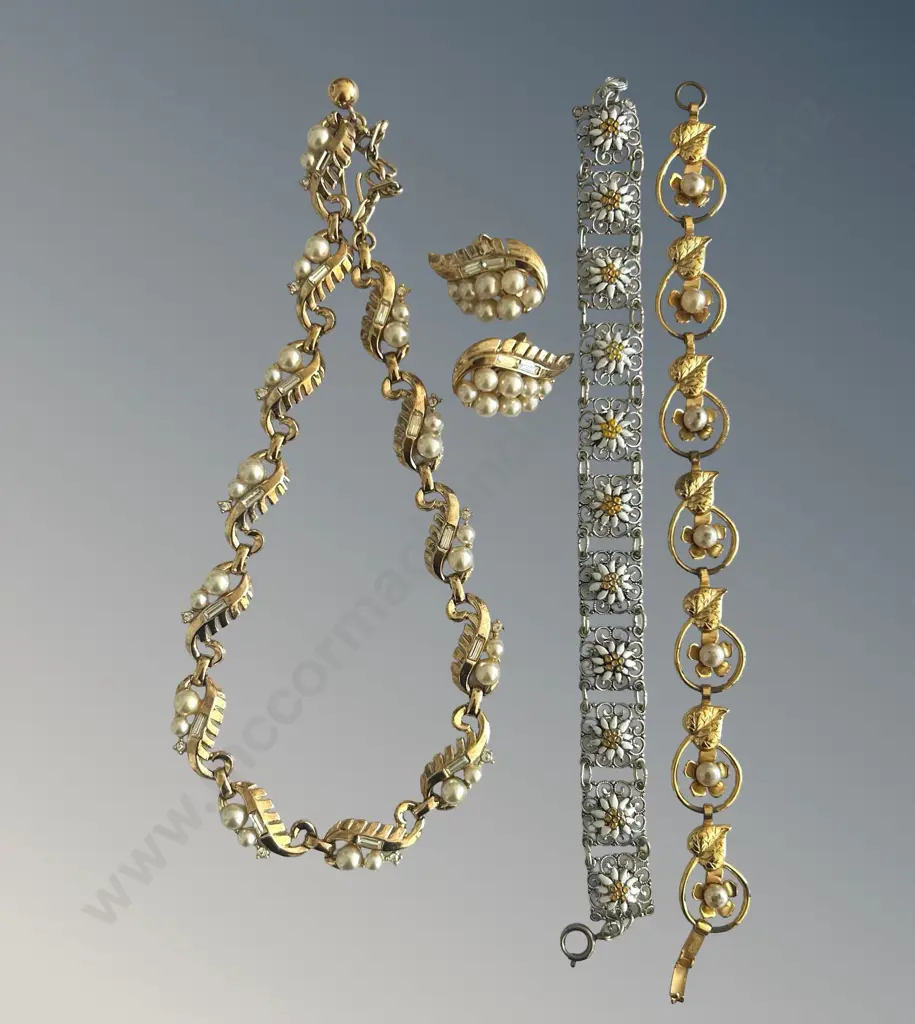 Gold and Pearl Necklace and Earring Set, Enamel Daisy Filigree Bracelet and Gold Leaf and Pearl Bracelet Image 1++