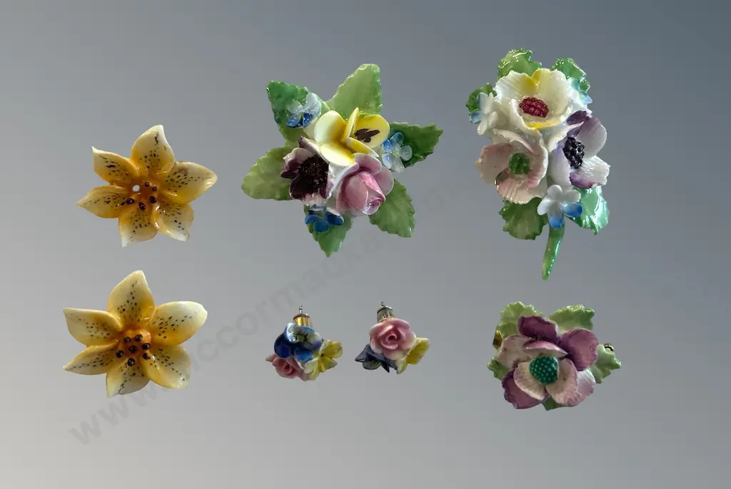 Floral Bone China Brooches (3) and Two Pair of Earrings Image 1++