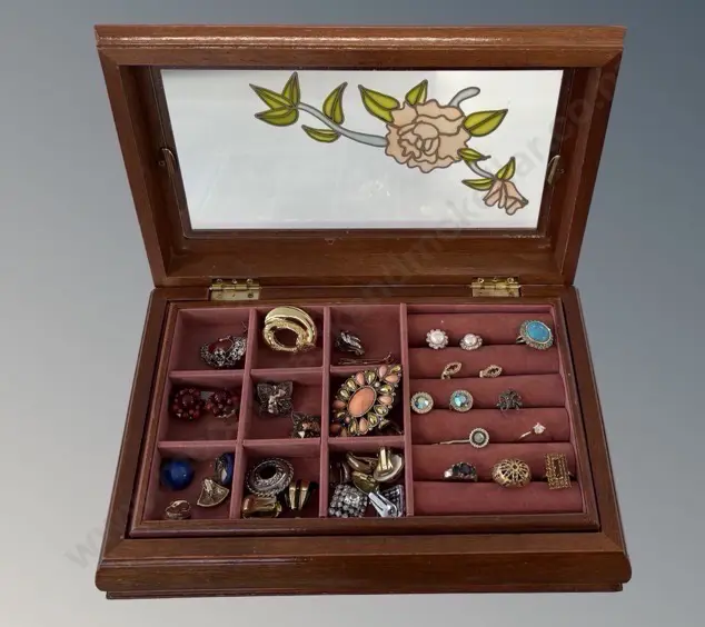 Mahogany with etched glass Jewellery Box and Contents including Earrings, Brooches and Rings Image 1++