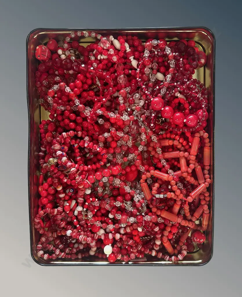 Tin of Vintage Red Beads Image 1++