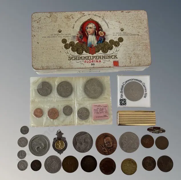 Tin of NZ and World Coins and Commemorative Coins, Hadson Lighter, Sterling Silver 'one man event' Medal Image 1++