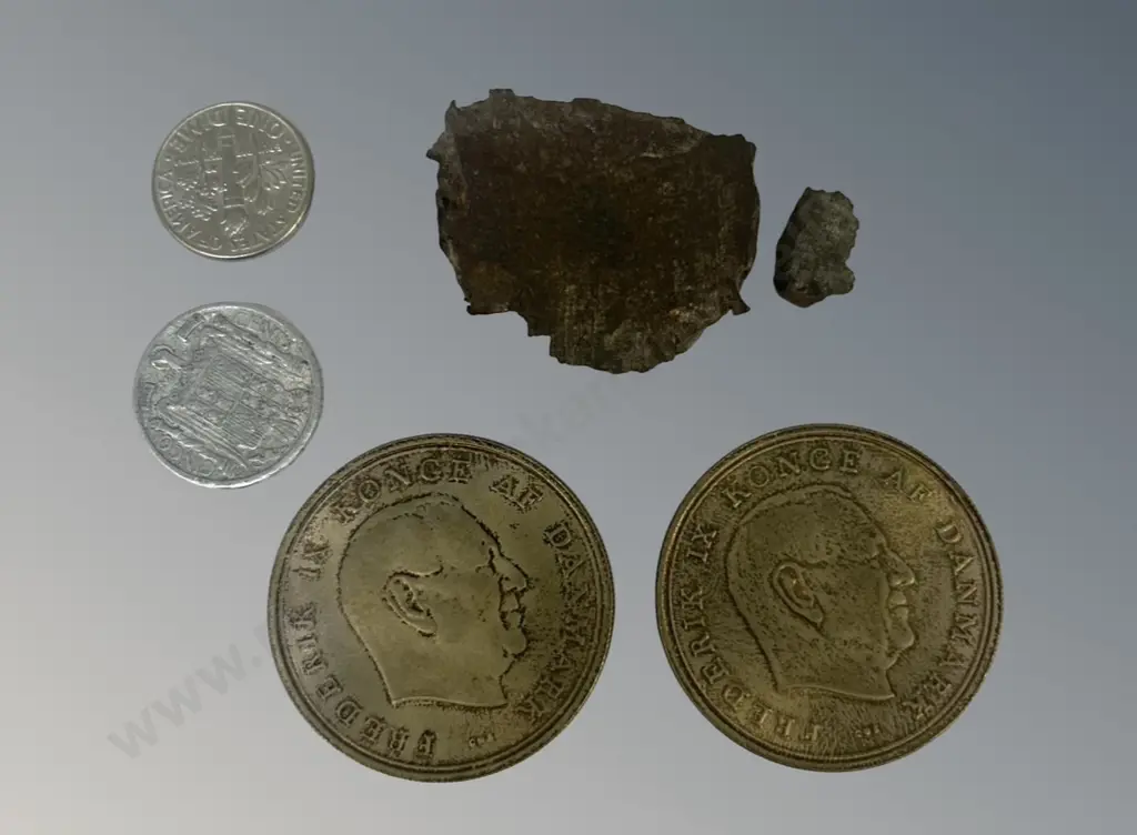 Two Danish Krone Coins, American Dime, Spanish Coin and piece of 1940's German Bomb Image 1++