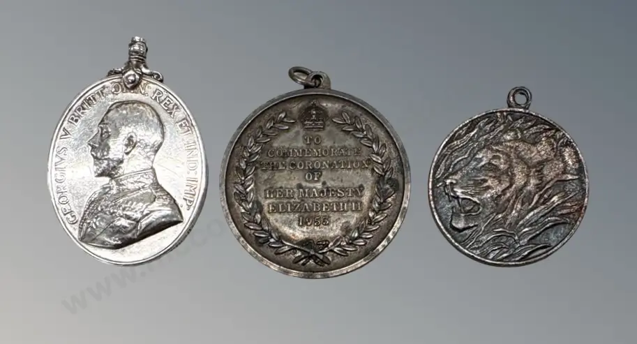 WWI Territorial Force Medal, 1953 Coronation Commemorative Medal and Shanghai Banking Tiger Medal Image 1++