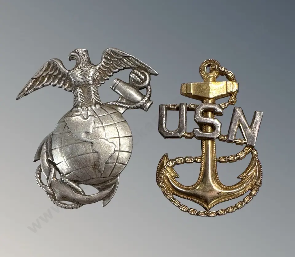 Two Sterling Silver Badges, US Navy and WWII Officers Collar Badge, TW18.8gms Image 1++