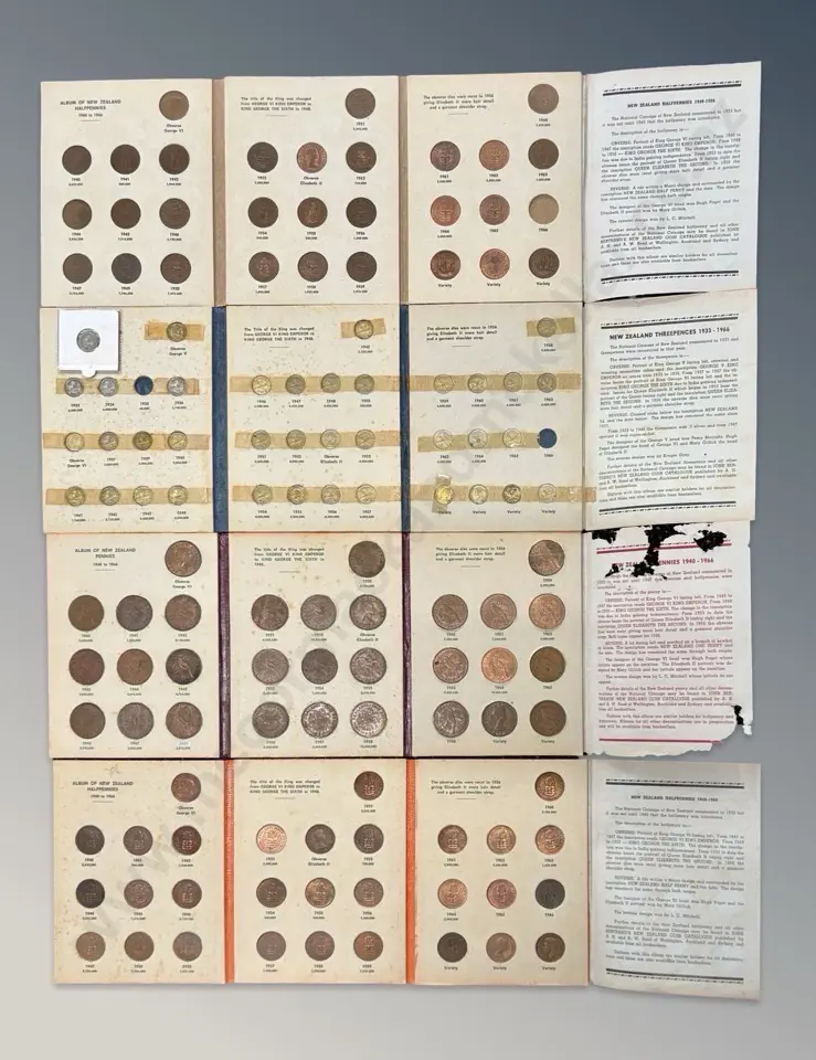 New Zealand Threepence, Halfpennies x2, Pennies Coin Albums - missing coins Image 1++
