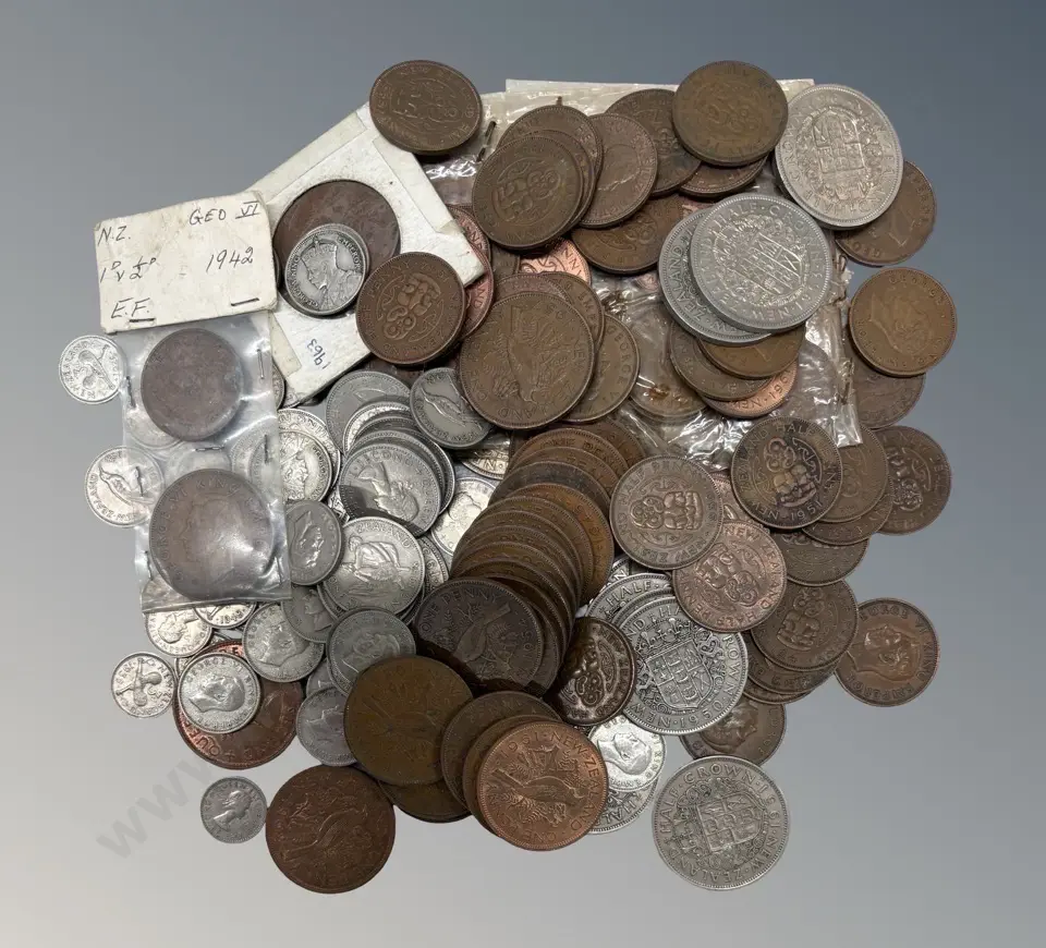 Quantity of NZ Coins, Half Crowns, Threepences, Pennies, Shillings etc Image 1++