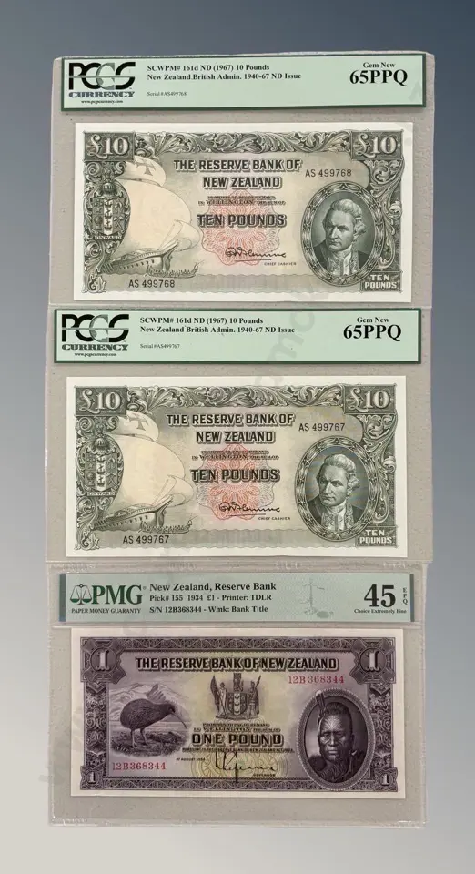 Graded Two NZ Ten Pound Notes and One Pound Note Image 1++