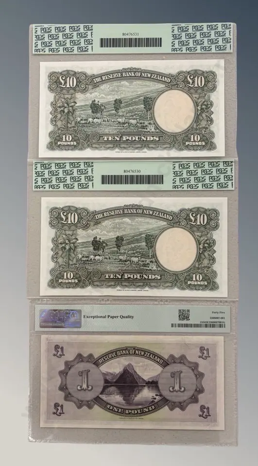 Graded Two NZ Ten Pound Notes and One Pound Note Image 1++