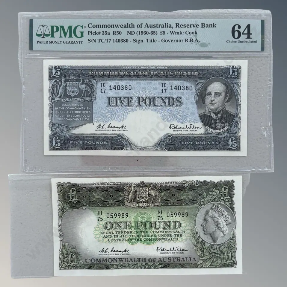 Graded Australian Five Pound Note and Ungarded One Pound Note Image 1++
