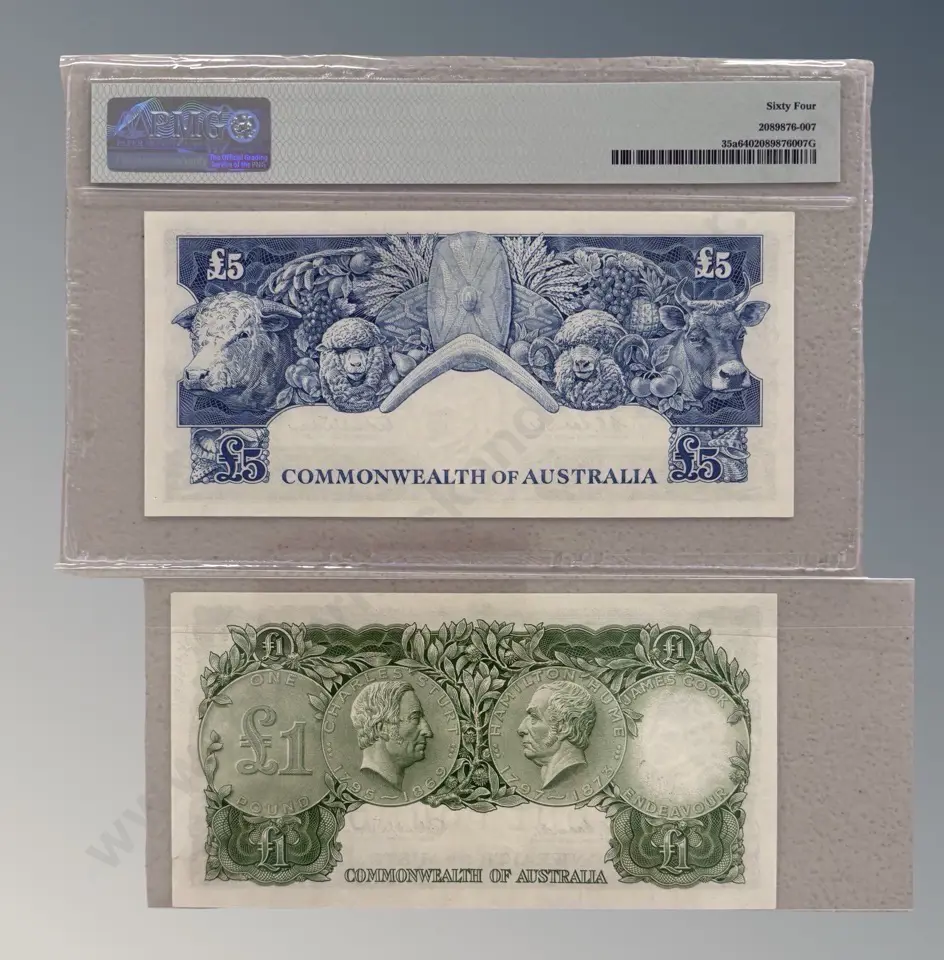 Graded Australian Five Pound Note and Ungarded One Pound Note Image 1++