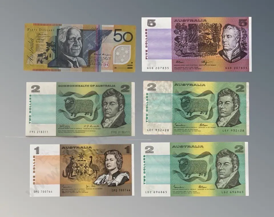 Australian Fifty Dollar, Five Dollar, Two Dollar (x3) and One Dollar Notes Image 1++