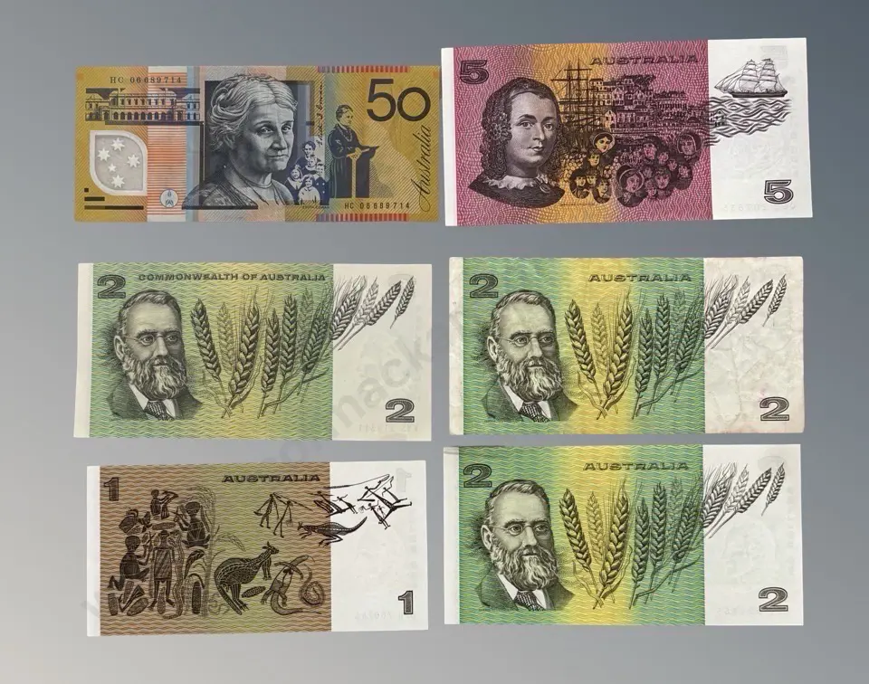 Australian Fifty Dollar, Five Dollar, Two Dollar (x3) and One Dollar Notes Image 1++