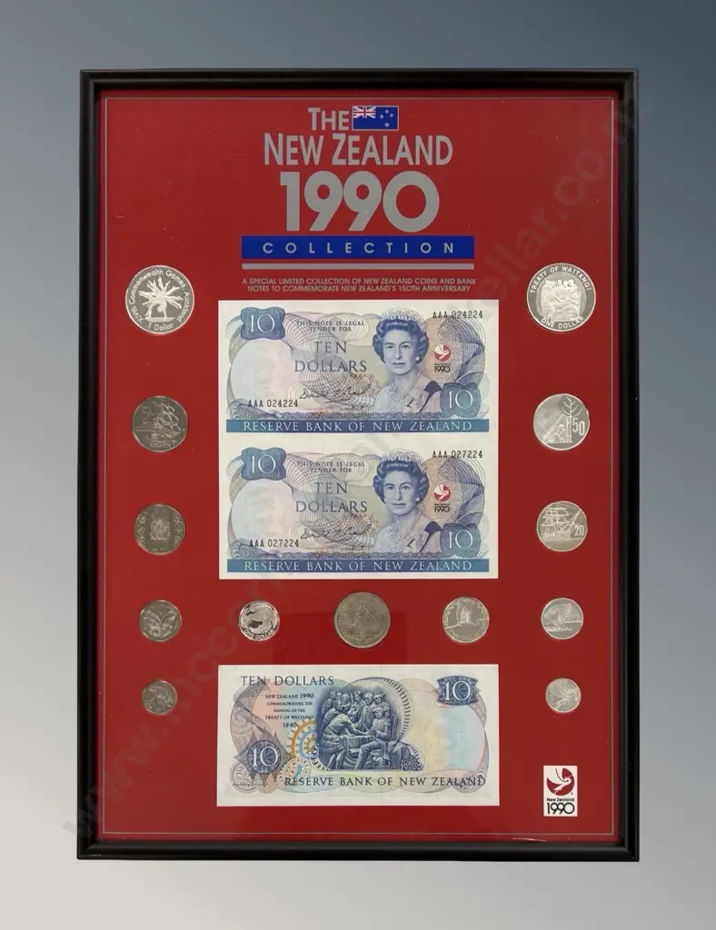 Framed NZ 1990 Coin and Note  Collection Image 1++