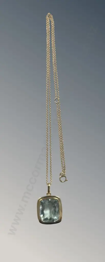 18ct Gold Aquamarine Pendant on an 18ct Gold Chain, Aquamarine 9.79ct, TW6.68gms, L50cm, Valuation $11500 Image 1++